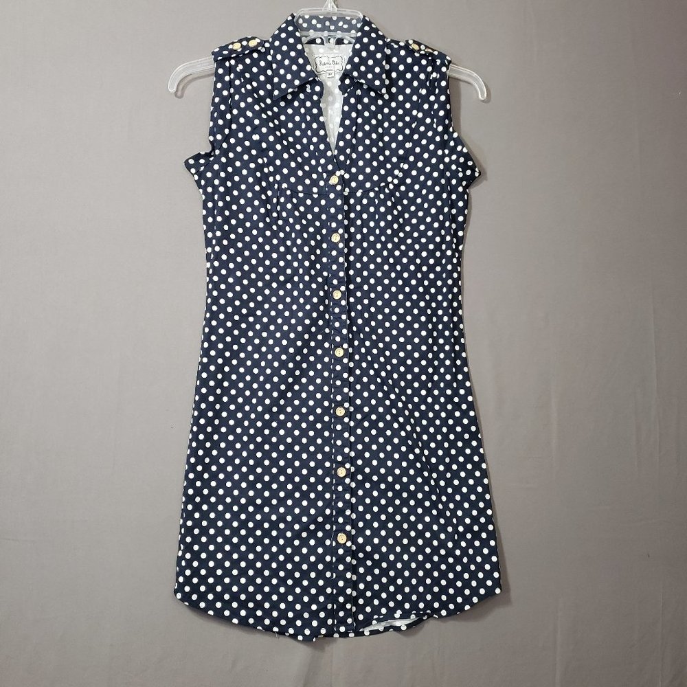 Roberta Oaks Hawaii Button Front Navy Polka Dot Mini Dress, Size Medium